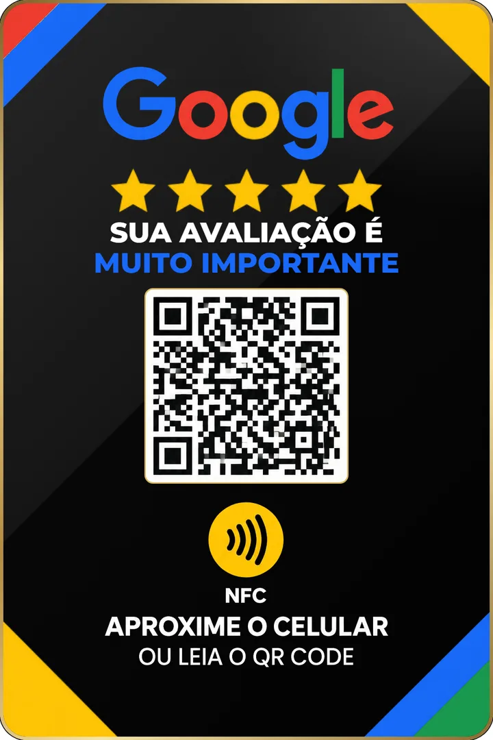 Placa vertical preta com logo do Google, cinco estrelas, QR&nbsp;Code e símbolo de NFC